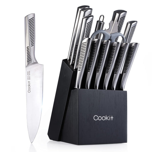 Premium 15-Piece Kitchen Knife Set with Block | German Stainless Steel Chef Knives | Ultra Sharp & Non-Slip Handle