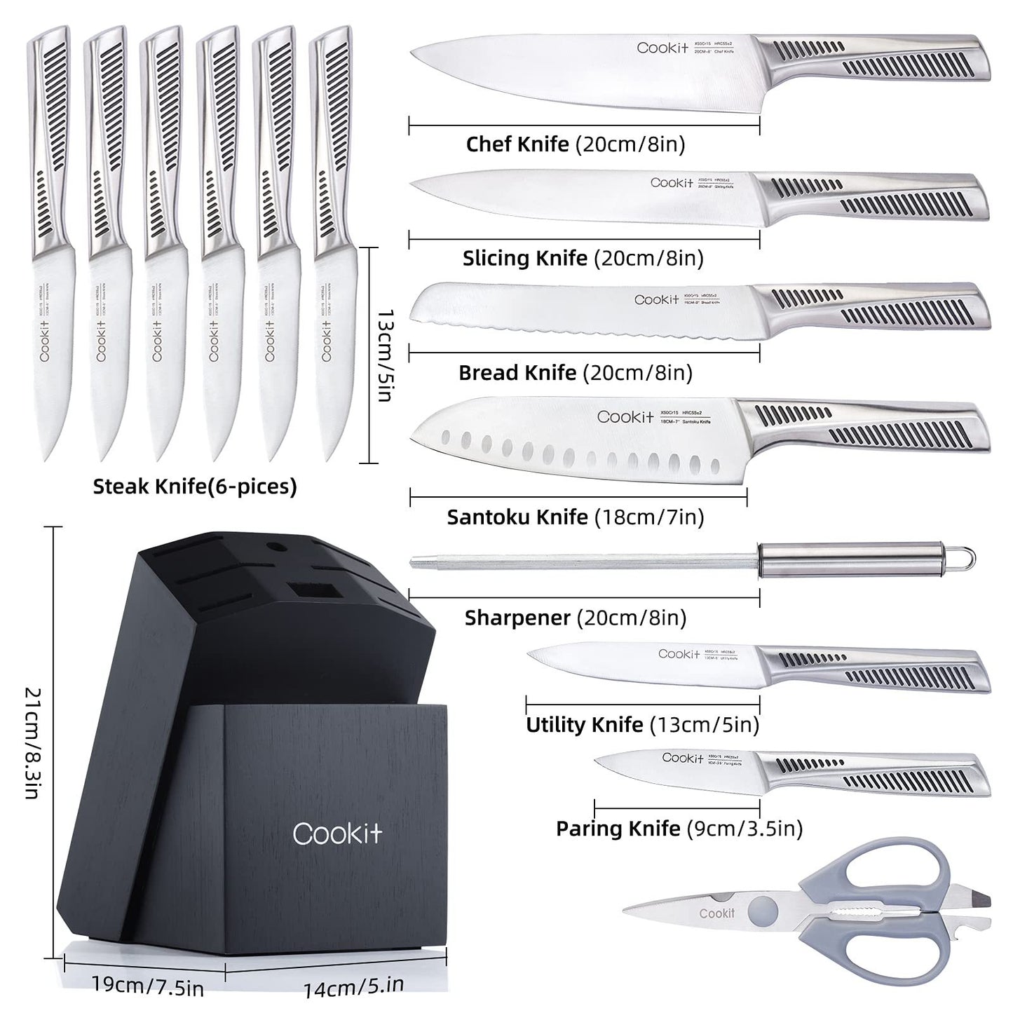 Premium 15-Piece Kitchen Knife Set with Block | German Stainless Steel Chef Knives | Ultra Sharp & Non-Slip Handle